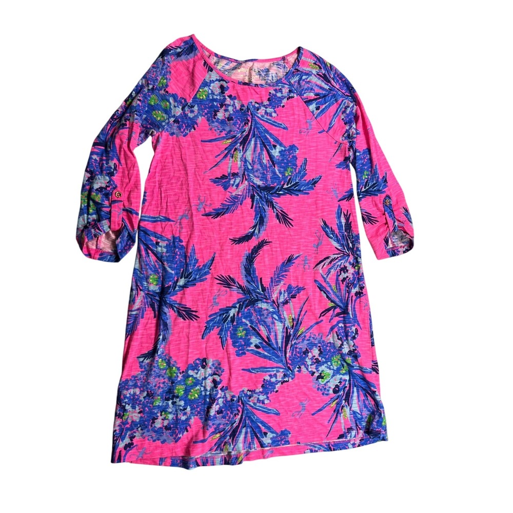 Lilly Pulitzer Women's Medium Pink Floral T-Shirt 3/4 Sleeve Palm Print Shift